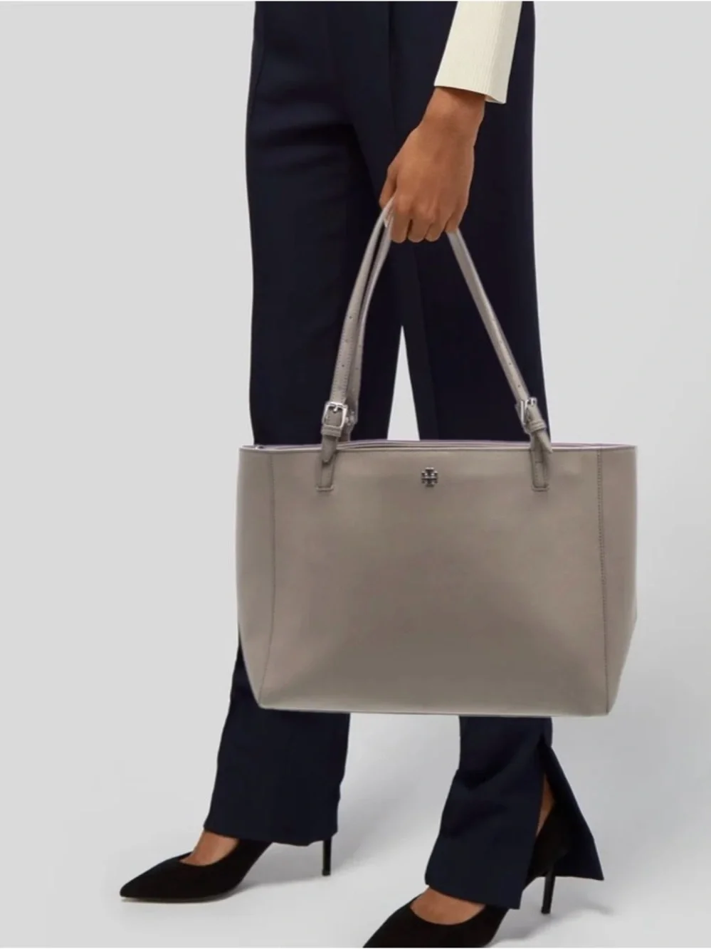 Tory Burch Neutral Taupe Leather Double-Strap Tote
